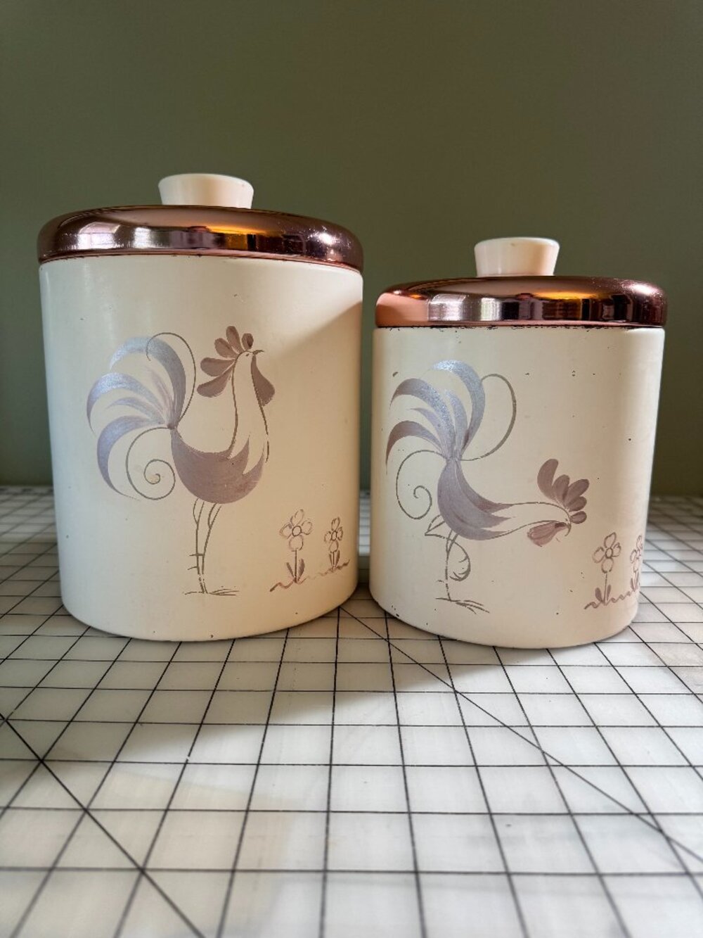 Vintage Ransburg Rooster Kitchen Canisters | Set of 2 | Copper Lids | MCM
